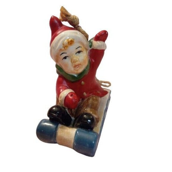 Porcelain Boy On Sled Christmas Ornament Figurine Hanging Loop Vintage - Picture 1 of 6
